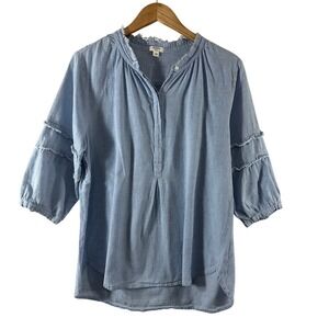 Dylan Womens Blue White Striped Henley Blouse Raw Edge Ruffle 3/4 Sleeve Medium